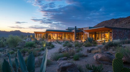 Desert house, illuminated windows, sunset view.