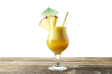 Tasty pineapple cocktail in glass on wooden table against white background