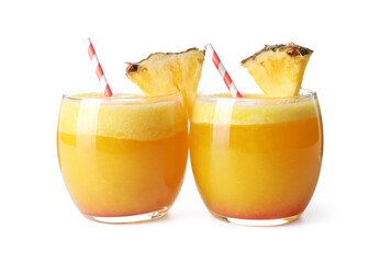 Tasty pineapple cocktail in glasses isolated on white