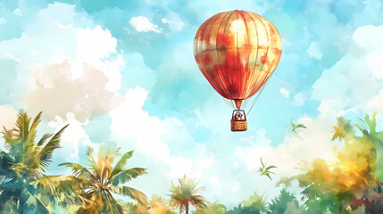 Fototapeta premium Hot air balloon dragonfruit fantasy soaring watercolor landscape - exotic tropical adventure art stock image. Skybound. Illustration