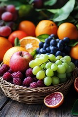 Freshly harvested orchard fruits in a rustic basket surrounded by vibrant oranges and assorted berries