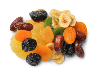Mix of different dried fruits isolated on white, top view