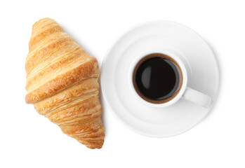 Tasty fresh croissant and cup of coffee isolated on white, top view. Puff pastry