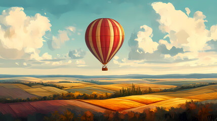 Obraz premium Majestic hot air balloon gliding over scenic patchwork fields. Skybound. Illustration