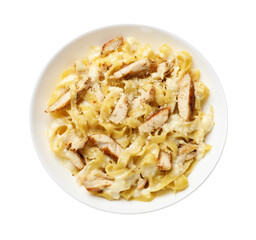 Tasty Alfredo pasta with chicken isolated on white, top view
