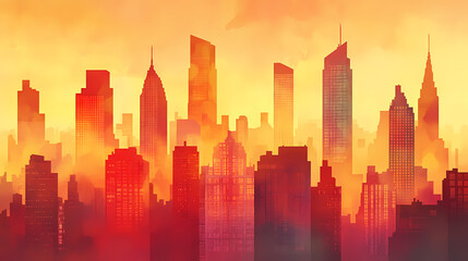 Fototapeta premium Moody dramatic lowangle morning foggy metropolitan skyline iconic art deco historical landmark buildings metropolitan urban jungle skybound. Skybound. Illustration