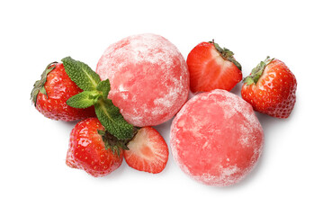 Delicious mochi, strawberries and mint isolated on white, top view