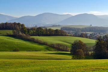 autumn landscape with green meadows and trees near the village of Tichá