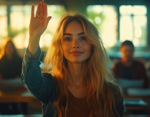 Business Meeting Collaboration Teamwork Office Presentation Woman Raising Hand Asking Question