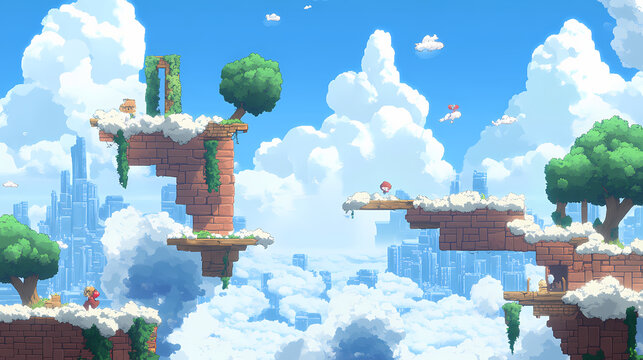 Skybound adventure, a whimsical 2d platformer level featuring fluffy cloud floors, floating islands, and dynamic air platforms for exploration. Skybound. Illustration