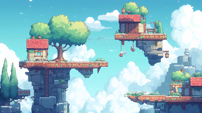 Skybound adventure, vibrant 2d platformer level featuring cloud-like floors, floating islands, dynamic air platforms, whimsical atmosphere, engaging gameplay. Skybound. Illustration