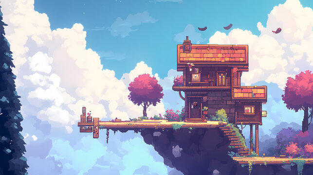 Skybound adventure, vibrant 2d platformer level featuring cloud-like floors, floating islands, dynamic air platforms, whimsical atmosphere, engaging gameplay. Skybound. Illustration