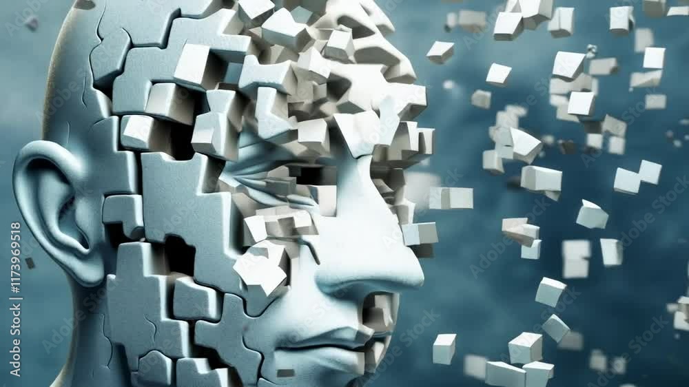 Poster human head made of puzzle pieces is crumbling and dissolving into small pieces, illustrating concept