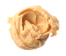 Sample of tasty nut butter isolated on white, top view