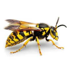 A detailed close-up of a European wasp, showcasing its vibrant yellow and black stripes.