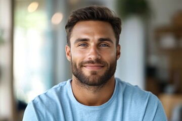 Obraz premium Handsome cheerful young African man smiling in light blue shirt portrait with natural lighting and soft background