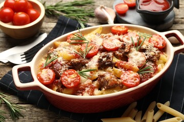 Delicious pasta casserole with cheese, tomatoes, minced meat and rosemary in baking dish on wooden table, closeup