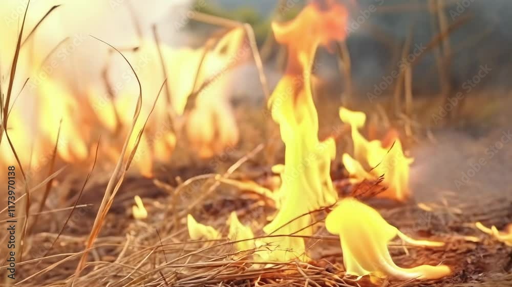 Aufkleber close up view of wildfire flames engulfing dry grass and rapidly spreading across a field during the