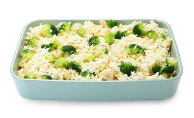 Uncooked pasta casserole with cheese and broccoli in baking dish isolated on white