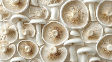 Overhead shot of various beige mushrooms arranged on white background.