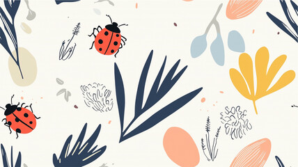 Ladybug and plant seamless minimalist pastel pattern illustration