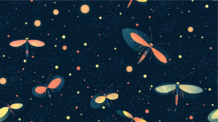 Pastel seamless pattern with fireflies in minimalist modern illustration