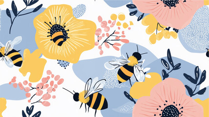 Abstract flat illustration of bees pollinating flowers in pastel colors