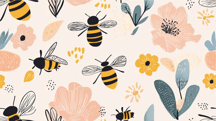 Pastel seamless pattern with bees and abstract floral elements
