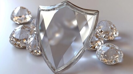 A transparent crystal shield protects a cluster of diamonds. Ideal for security, jewelry, or insurance visuals. Symbolizes protection and preciousness.