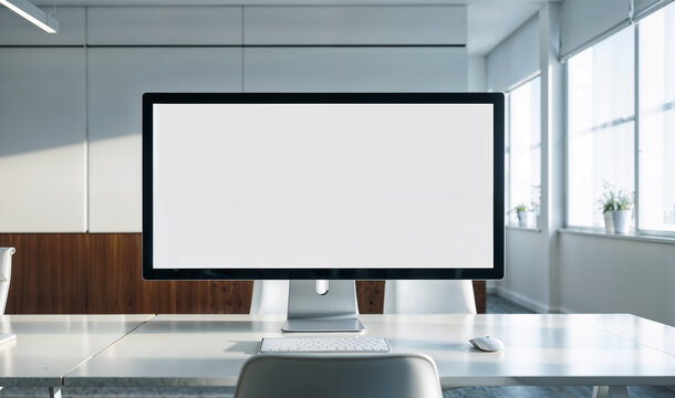 Sleek digital banner mockup on desk in a bright office environment with empty display area