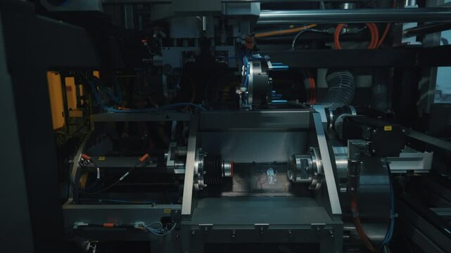 The complex mechanical assembly of a high-tech machine. An example of automation and precision engineering.