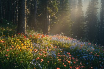 Fototapeta premium Sunlit meadow adorned with vibrant flowers, surrounded by tall t