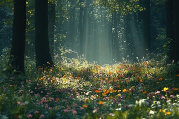 Obraz premium Sunlight filters through trees, illuminating vibrant forest floo