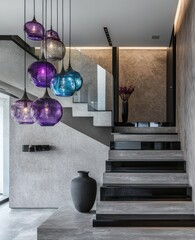 Modern glass pendant lights illuminate luxury home staircase