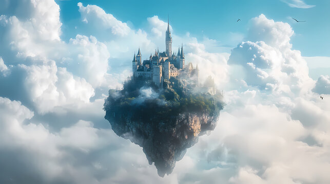 Fantastical floating castle on ethereal skybound island. Skybound. Illustration