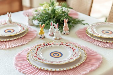 Fototapeta premium Elegant table setting features colorful plates and charming bunn