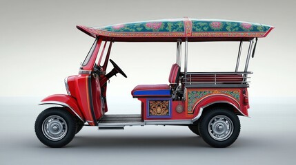 A vibrant red auto rickshaw with traditional Thai decorations. Ideal for scenes depicting Southeast Asian street life or tourism.