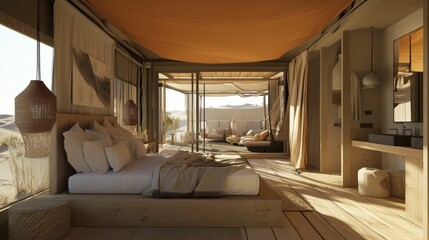 Fototapeta premium Desert-view bedroom, minimalist design, natural light.