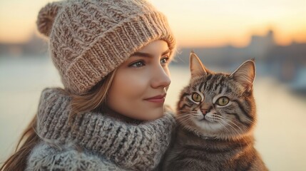 Stylish model showcases a beautifully knitted wool hat while holding a cat against a stunning sunset backdrop