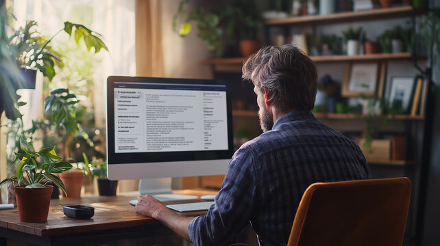 Newsletter Signup. Man on computer at home, viewing a newsletter signup page. Business, online, email, marketing, customer.