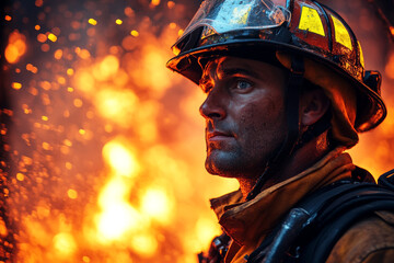 Firefighter close-up, intense gaze amidst blazing flames and soot-covered face