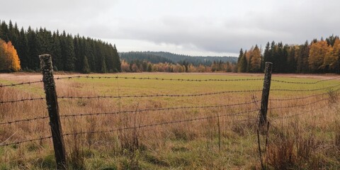 Obraz premium A Peaceful Autumn Field with a Barbed Wire Fence Set Against the Beauty of Nature