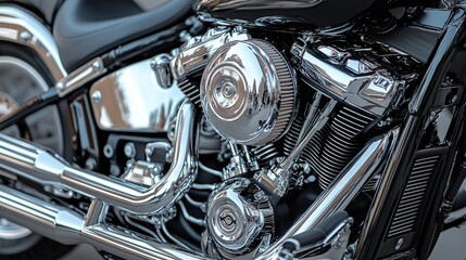 Obraz premium Shiny chrome engine components gleam under sunlight showcasing i