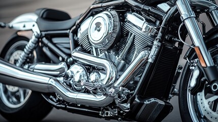 Obraz premium Sleek motorcycle showcasing polished chrome details and powerful