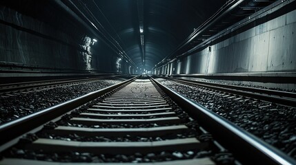 Fototapeta premium Dark, atmospheric tunnel with illuminated tracks creating sense