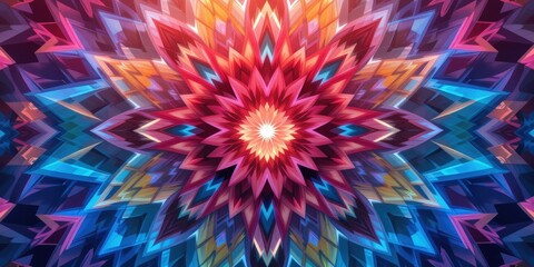 Vibrant geometric patterns create a mesmerizing kaleidoscope of colors, evoking a sense of wonder and creativity in a surreal design