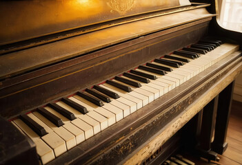 Enchanting melodies resonate from the aged piano in a sunlit room filled with nostalgia and artistry