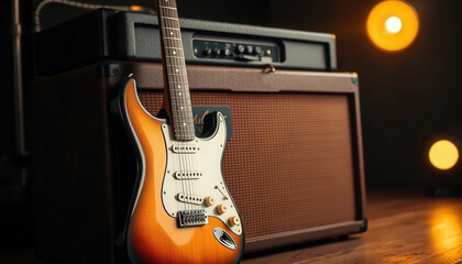 Naklejka premium Electric guitar resting beside a vintage amplifier, illuminated by warm stage lights in a cozy music studio setting