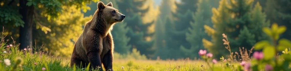 Fototapeta premium Brown bear stands upright, surveying surroundings, surrounded by trees and foliage, forest, animal, bear