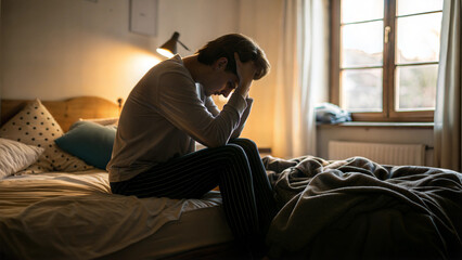 Fototapeta premium Man sitting on bed in dimly lit room holding head in hands feeling stressed and anxious